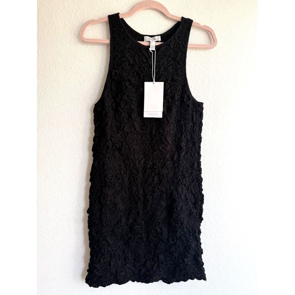 COS 100% Organic Cotton Bubble Smocked Mini Tank Dress in Black size Large NWT
